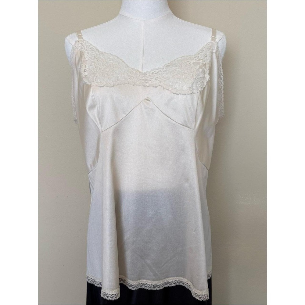 Vintage Ivory Satin Lace Camisole XL Lingerie Top Romantic Cottagecore Slip Tank